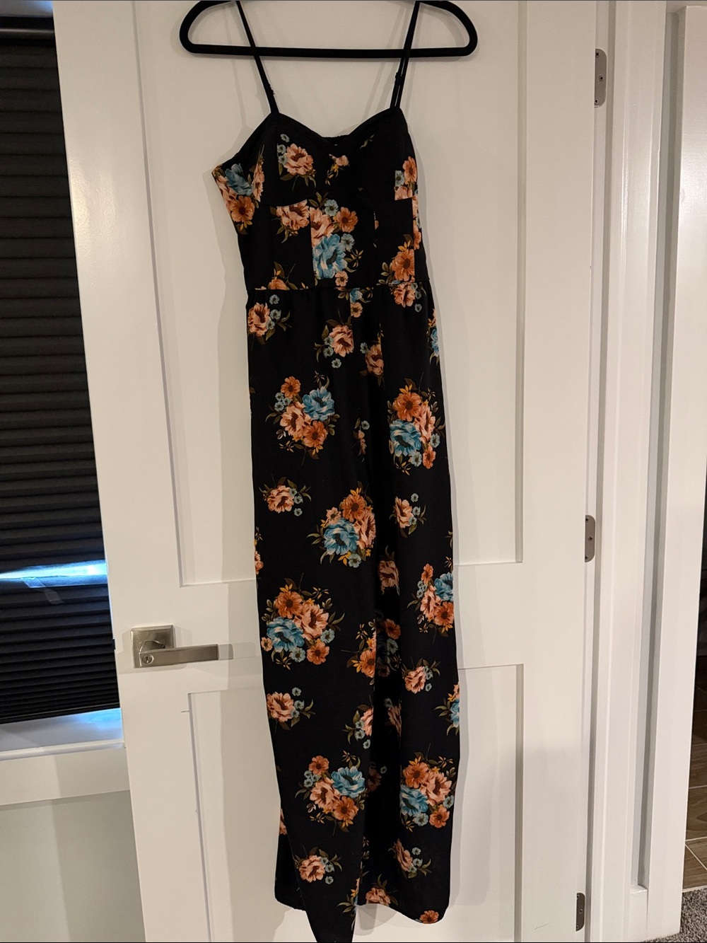 Floral Spaghetti-Strap Jumpsuit in Black with Orange & Teal Flowers